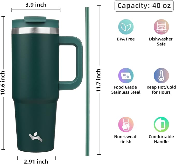 Konokyo 40 oz Insulated Tumbler Water Bottle with Handle, Straw Lid | BPA-free and dishwasher safe; made for gym, travel, coffee and gifting, 2 straws, cup holder friendly,Dark Green - Image 4