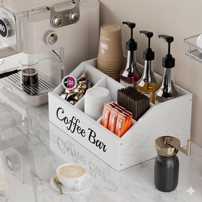 Coffee Station Organizer for Countertop – Wooden Coffee Bar Organizer with Adjustable Dividers,Holds K Cup Pod & syrup bottles, for Kitchen, Office, or Bar and Tea Station, White - Image 2
