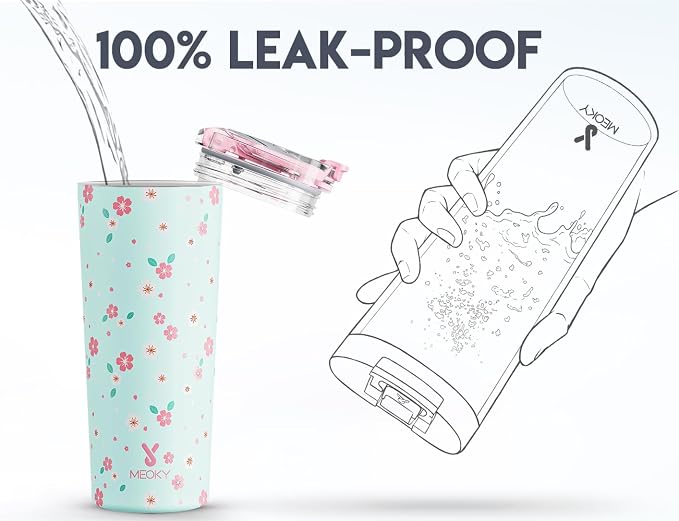 Meoky 24 oz Insulated Travel Coffee Mug: Leak Proof Lid, Mint Petal | Stainless Steel Coffee Tumbler, Keeps Hot for 8 Hours or Cold for 24 Hours, Fits in Car Cup Holder, BPA Free - Image 5
