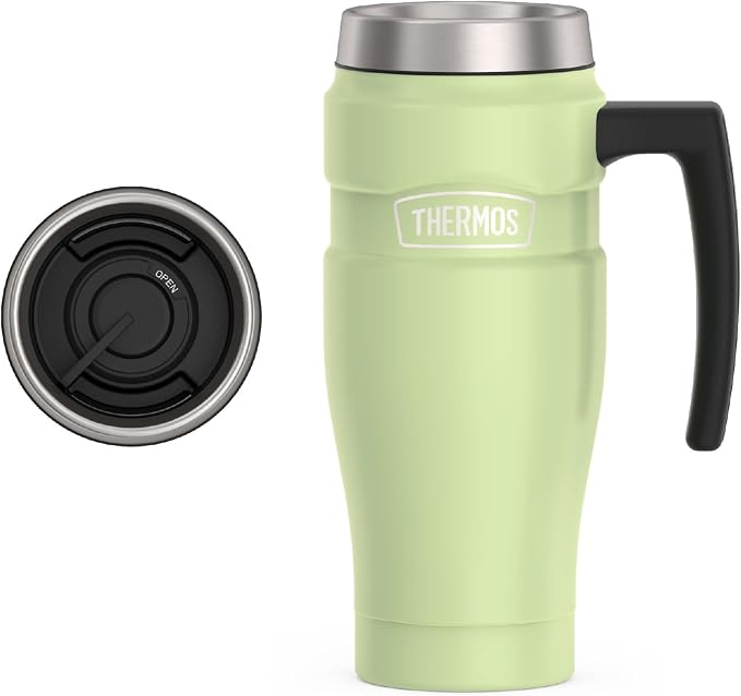 THERMOS Stainless King Vacuum-Insulated Travel Mug with Handle - 16oz, Matte Green Tumbler for Hot & Cold Drinks - Leak & Sweat-Proof Stainless Steel Coffee Mug with Lid for Commuting by Thermos