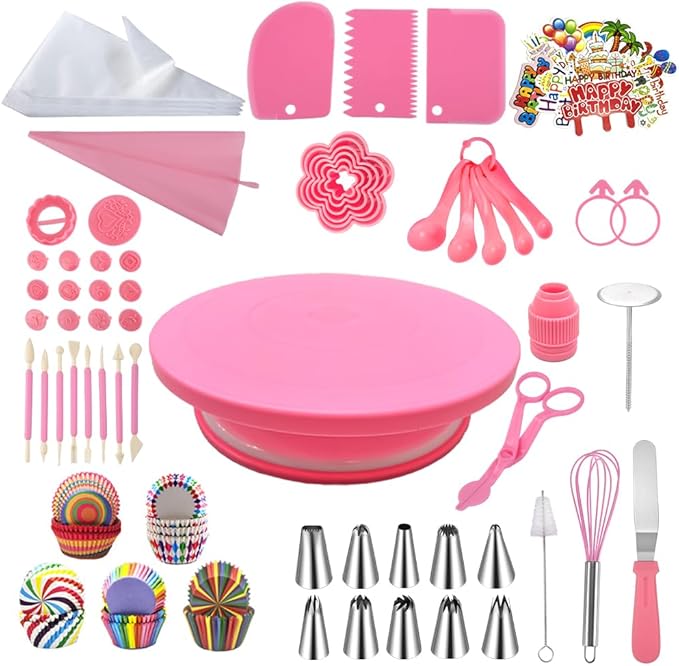 276pcs Cake Decorating Kit with Revolving Cake Turntable,Piping Bags and Tips Set, Cookie cutters,14 Fondant Stamps and Pen,120Cupcake liners,Cake Baking Supplies for Beginners