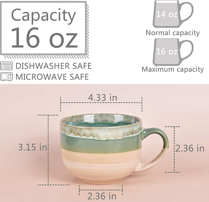 Bosmarlin Large Ceramic Coffee Mug Set of 2, Stoneware Jumbo Latte Mugs for Office and Home, 16 Oz, Dishwasher and Microwave Safe(Green, 2) - Image 2