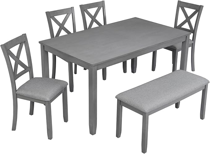 6-Piece Dining Table Set with Bench and Chairs - Solid Wood Kitchen Dining Room Table Set in Farmhouse Rustic Style, Table Set for 6 with 4 Chairs and Bench Seat.(Gray_Large) - Image 2