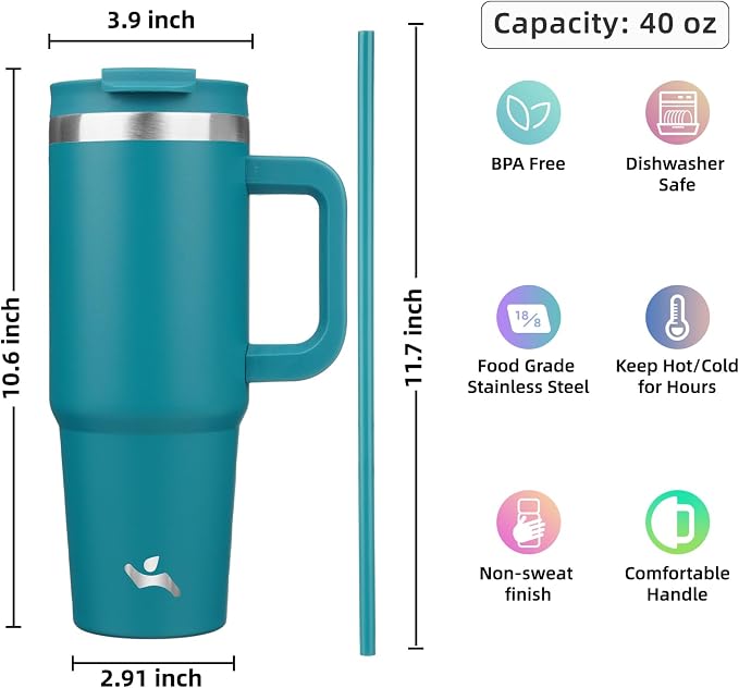 Konokyo 40 oz Insulated Tumbler Water Bottle with Handle, Straw Lid | BPA-free and dishwasher safe; made for gym, travel, coffee and gifting, 2 straws, cup holder friendly,Blue - Image 4