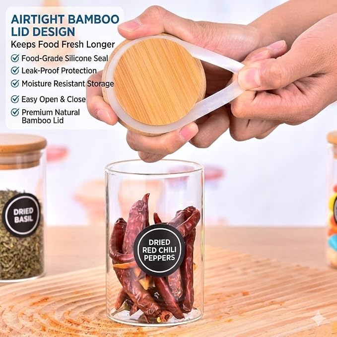 Glass Spice Jars 12 Pack with Bamboo Lids and Labels, Glass Jars, 8.5 oz Airtight Glass Jars for Spices, Herbs, Salt, Pepper, Coffee & Tea, Clear Kitchen Pantry Storage - Image 4