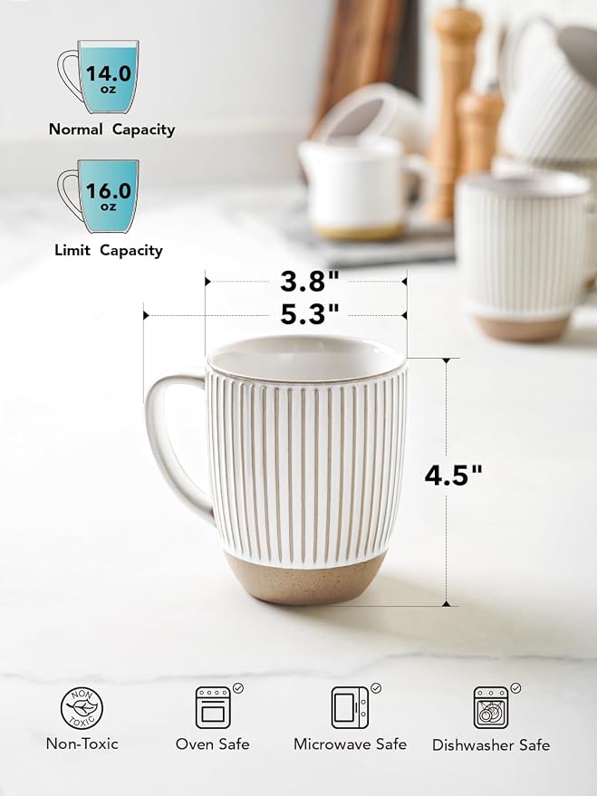 LE TAUCI Coffee Mugs 16 oz,Ceramic Mug Set, Embossment Cups for Latte, Hot Tea, Cappuccino, Mocha, Cocoa,Suit For Housewarming Wedding- 3.8 inch, Set of 6, Arctic White - Image 3