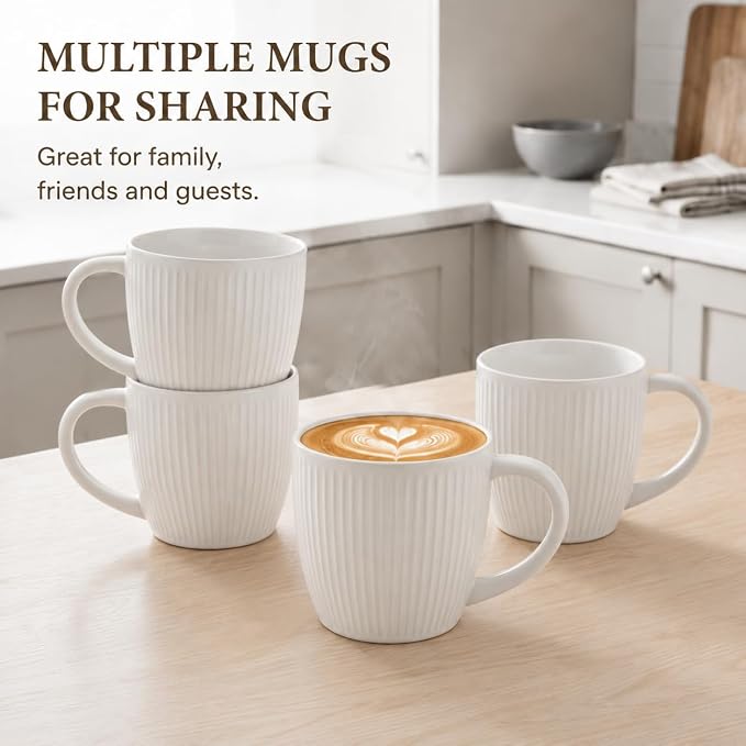 Ceramic Coffee Mug Set of 4,14 oz Vertical Striped Texture Tea Cups | White Porcelain Mugs with Handle for Latte, Cappuccino, Milk, Microwave & Dishwasher Safe, Wedding & Housewarming Gift - Image 7