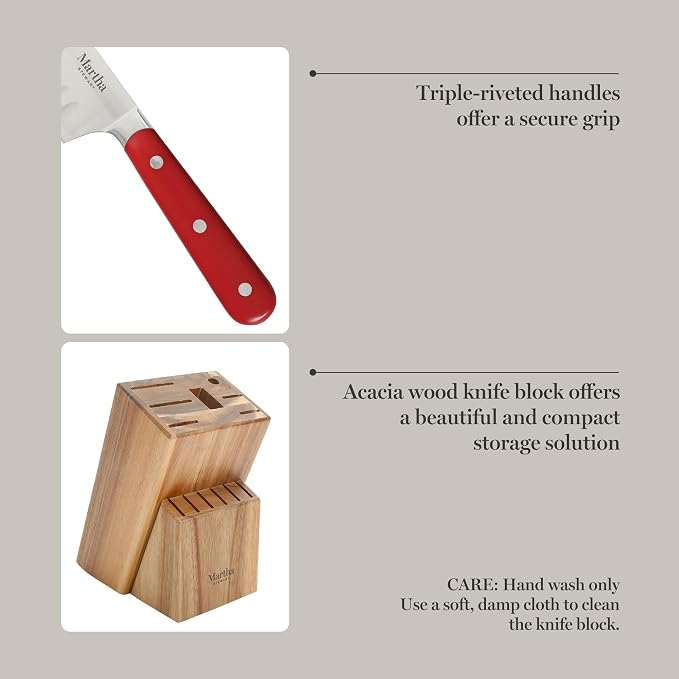 MARTHA STEWART Eastwalk 14 Piece High Carbon Staineless Steel Cutlery Knife Block Set w/ABS Triple Riveted Forged Handle Acacia Wood Block - Red - Image 5