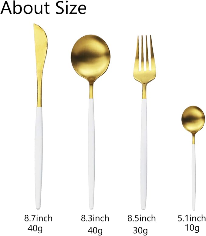 JASHII Silverware Set, 24-Piece Stainless Steel Flatware Set,Kitchen Utensil Set Service for 6,Tableware Cutlery Set for Home, Dishwasher Safe (Matte White handle gold) - Image 3