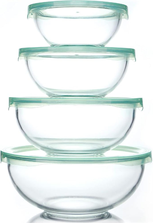 WhiteRhino Glass Mixing Bowl with Lids Set of 4,(1,1.5,2.5,3.7) Large Salad Bowl,Space-Saving Stacking Bowl for Kitchen Food Storage,Glass bowl for Cooking,Baking by WhiteRhino