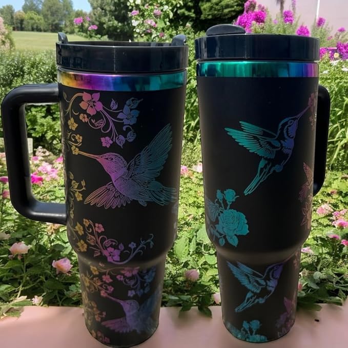 Tumbler, 40oz Tumbler, Western Tumbler, Engraved Cup with Handle, Cute Coffee Mug, 40oz Coffee Mug (Black Rainbow-Hummingbird)