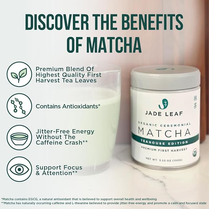 Jade Leaf Matcha Organic Premium Ceremonial Grade Matcha Green Tea Powder - Japanese - Culinary, Ingredient, Ceremonial Barista Teahouse, Latte, Collagen, 1.06 Ounce (Pack of 1), Ceremonial Teahouse