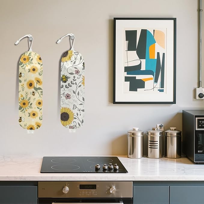 2Pcs Cute Bee Plastic Bag Holder, Wall Mount Grocery Bag Holder | Vintage Rustic Sunflower Reusable Grocery Bags Storage Dispenser for Home Kitchen Pantry, Sunflower Gifts for Women - Image 5
