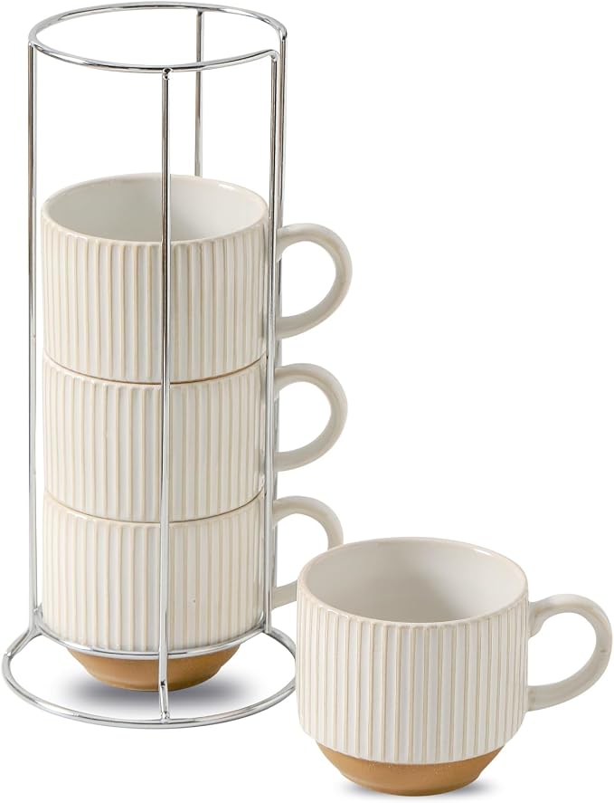 Ceramic Coffee Mugs with Stand,15 Oz Stackable Coffee Cups Set of 4 for Latte,Milk,Tea,Gift for Thanksgiving New Year Housewarming,Dishwasher & Microwave Safe,White Patchwork Color by Tikooere