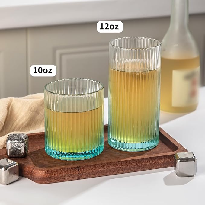 Ribbed Drinking Glasses 8pcs, 12oz and 10oz Glassware, Tumbler Glasses Cup Set for Wedding, Party, Christmas Gift, Blue - Image 6