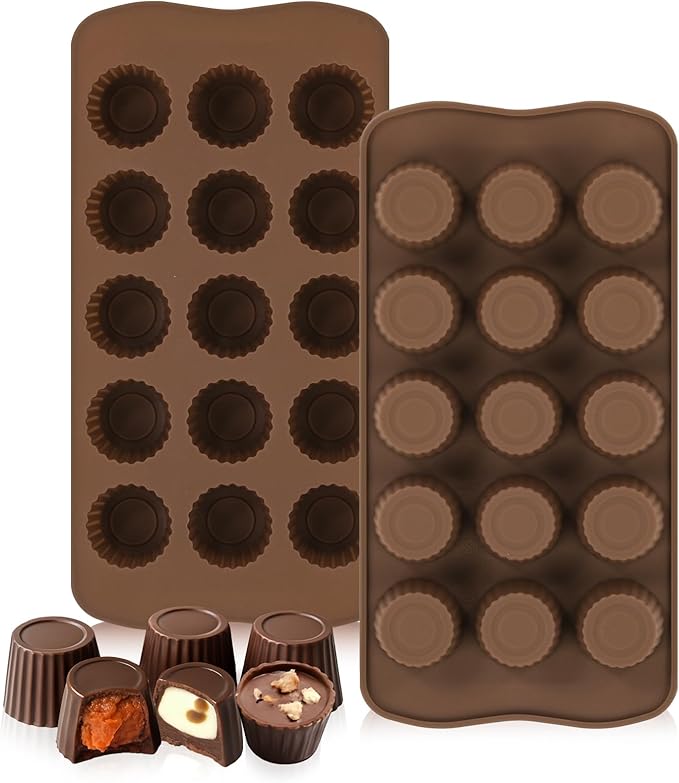 Mini Peanut Butter Cup Mold, 15 Cavity Chocolate Candy Molds, Silicone Baking Mold for Snack Size Mini Peanut Butter Cup, Jelly, and Cordial, Pack of 2
