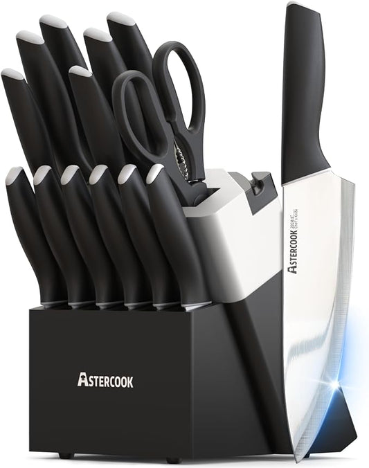 Astercook Knife Set, Kitchen Knives with Block and Sharpener 15 Pcs German Stainless Steel Knives Sharp Blade Dishwasher Safe Deba Knives with Ergonomic Handle, Elegant Black by Astercook