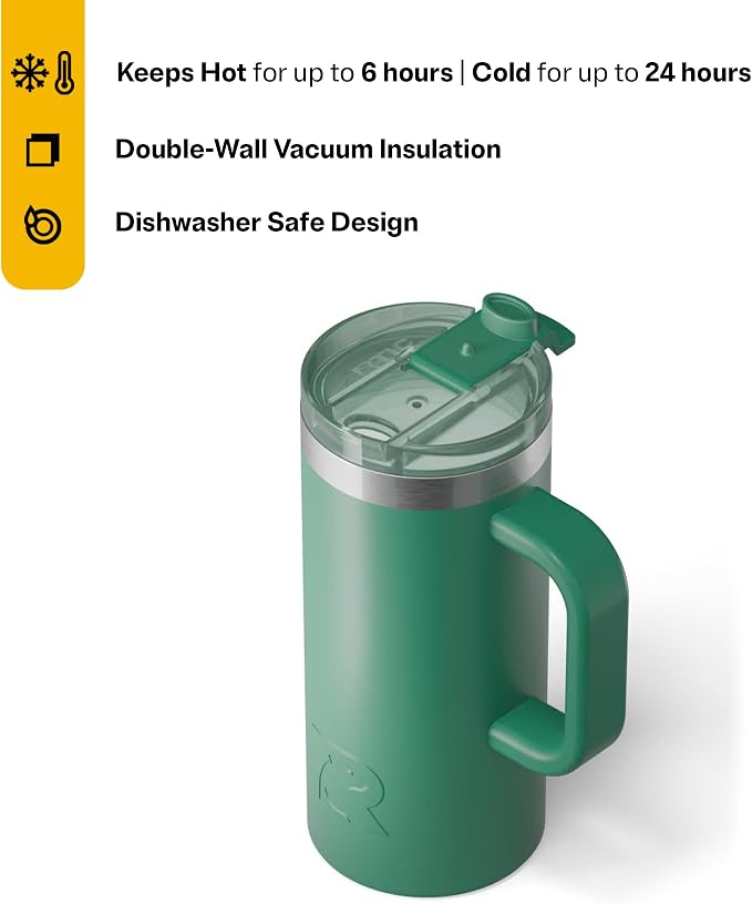 RTIC 16oz Road Trip Travel Mug with Lid and Handle, Ceramic Lined, Insulated, Stainless Steel, Metal, Double Wall Vacuum-Insulation, Portable Coffee, Tea Cup for Hot and Cold Drink, Pine Tree - Image 2