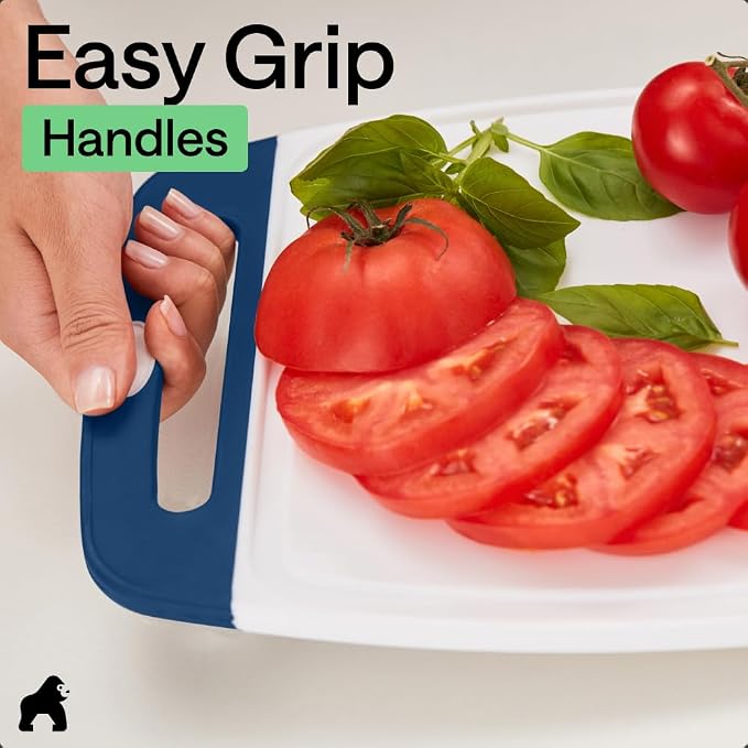 GORILLA GRIP BPA-Free Reversible Kitchen Cutting Board Set of 3, US Designed, Nonporous, Juice Grooves Catch Liquid, Slip Resistant Border, Dishwasher Safe, Durable Large Food Chopping Boards, Blue - Image 8