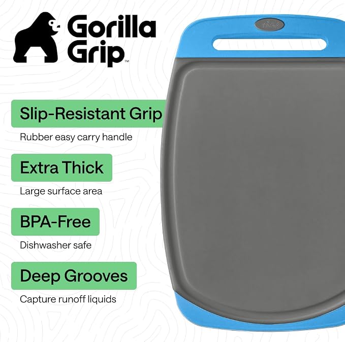 GORILLA GRIP BPA-Free Reversible Kitchen Cutting Board Set of 3, US Designed, Nonporous, Juice Grooves Catch Liquid, Slip Resistant Border, Dishwasher Safe, Durable Food Chopping Boards, Gray Aqua - Image 2