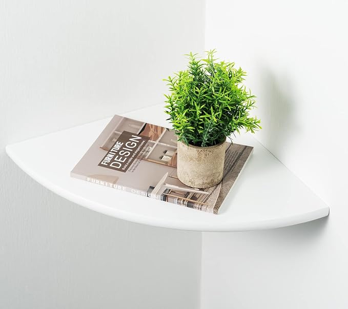White Corner Shelf, Wall Mount Natural Oak Wood Floating Corner Wall Shelf Round End Small Corner Nightstand Plant Shelf for Bedroom, Kitchen, Living Room 10inch by Beugawhoo