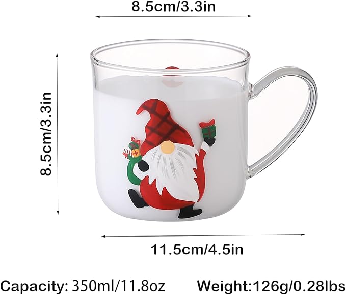 350ml/12oz Hand painted Glass Cup,High Heat Borosilicate Glass,Coffee Mug Kinds of Drinking Jars for Water, Tea, Latte (Red Hat Santav)