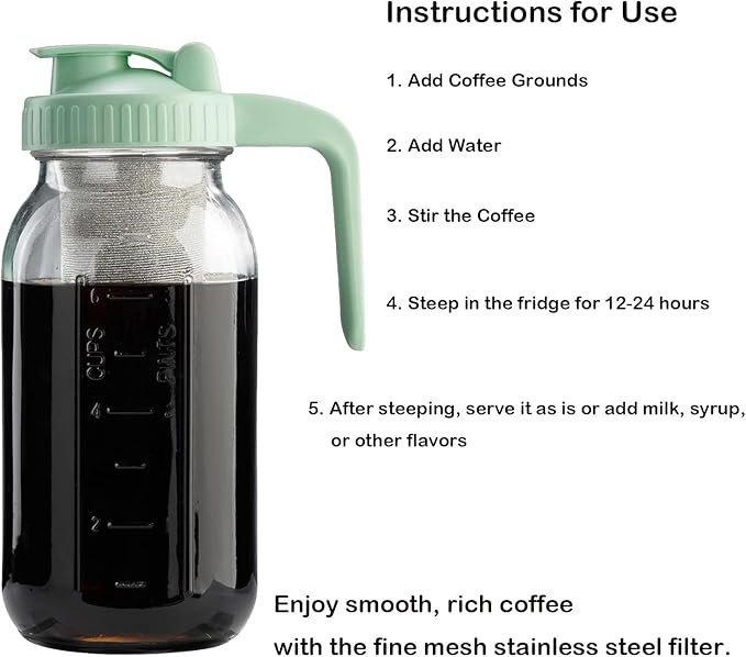 Fermus Set of 2 Cold Brew Coffee Filter for 64oz / 2Quart Wide Mouth Mason Jar Infuser 304 Stainless Steel Strainer with Seal Ring Design for Grounds Tea Fruit Coffee Filter