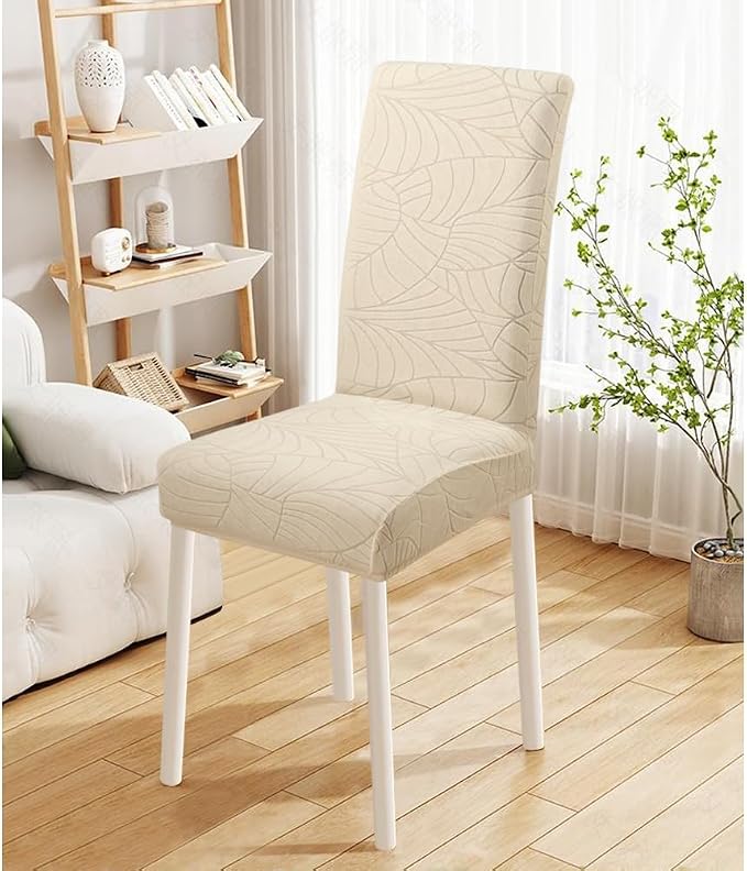 Fuloon Chair Covers for Dining Room 4 Pack, Solid Stretch Dining Chair Covers, Washable Kitchen Slip Covers, Jacquard Parson Chair Covers Set of 4(Leaf Jacquard Beige, 4 Pack) - Image 5