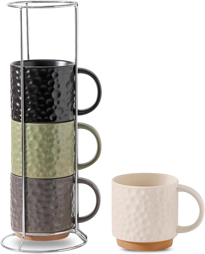 Nihow 16 Oz Ceramic Coffee Mug Set of 4 with Stackable Stand,4 color | Stackable, Stainless Stand Included, Cappuccino & Tea, Hot/Cold Drinks, Dishwasher & Microwave Safe by Nihow