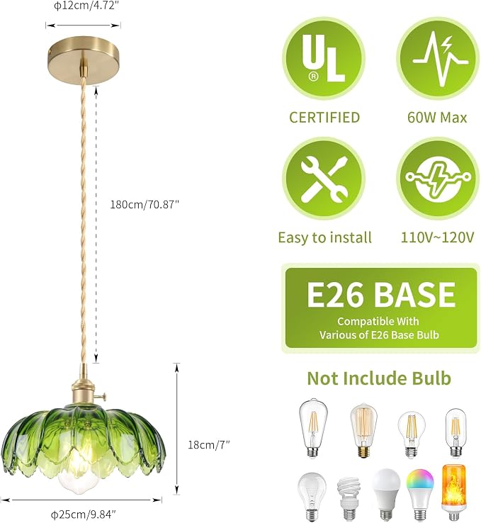 Vintage Pendant Light Green Mid Century Modern Pendant Light with Hand Blown Glass Shade Nordic Style 10" Gold1-Light Farmhouse Chandelier Ceiling Hanging Light fixtures for Dining Room Bedroom - Image 2
