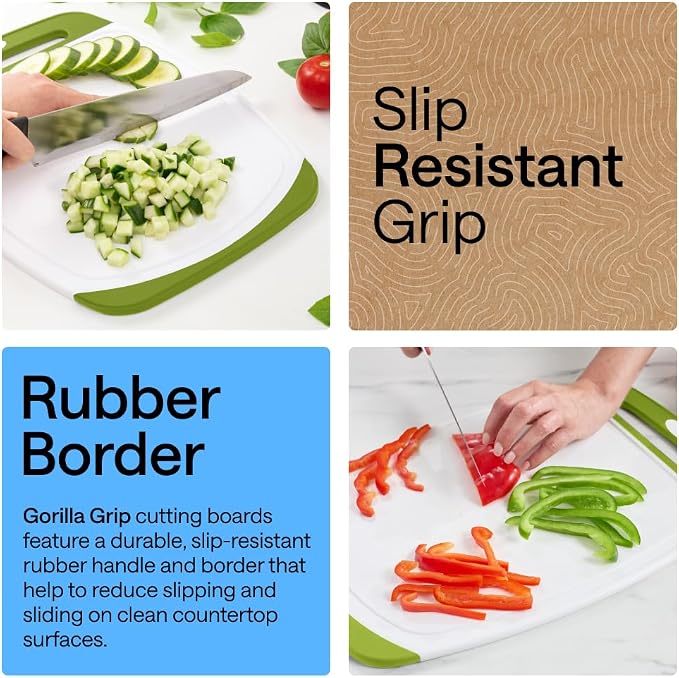 GORILLA GRIP BPA-Free Reversible Kitchen Cutting Board Set of 3, US Designed, Nonporous, Juice Grooves Catch Liquid, Slip Resistant Border, Dishwasher Safe, Durable Food Chopping Boards, Lime Green - Image 3