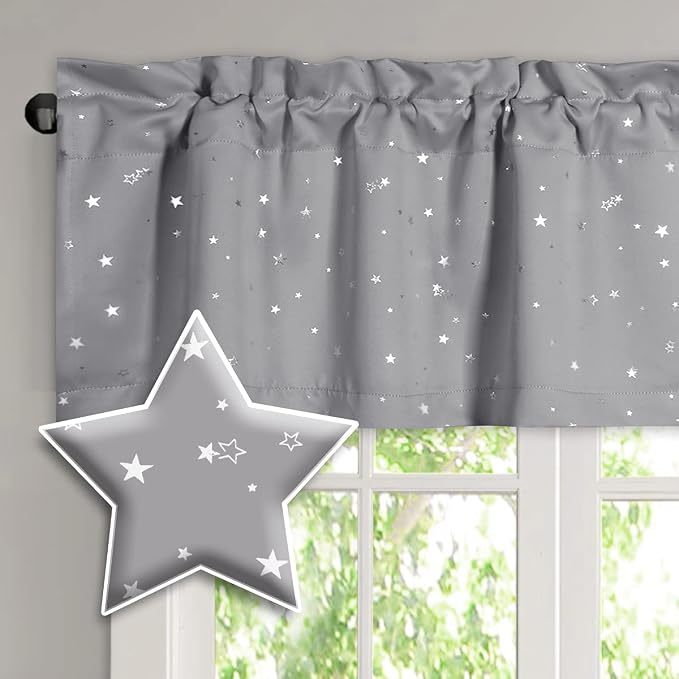 H.VERSAILTEX Blackout Curtain Valances for Kitchen Window/Living Room/Bathroom Privacy Added Rod Pocket Home Decoration Winow Valance, 52" W x 18" L, Glitter Stars in Gray Base by HVERSAILTEX