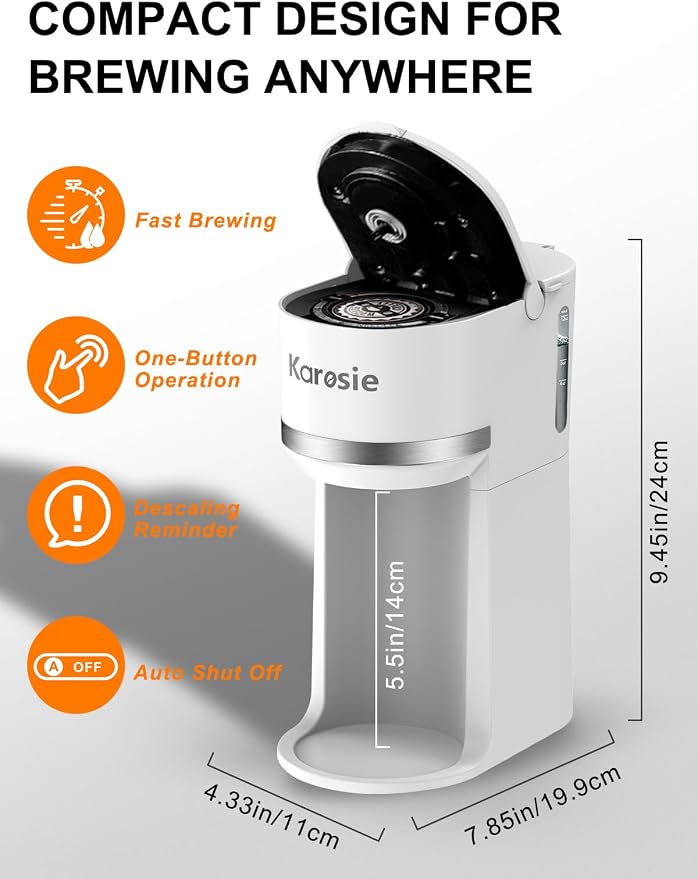 Single Serve Coffee Maker for Coffee Pods and Grounds,Fast Brew, 6-12 oz Brew Sizes Single Cup Coffee Maker Fits 5.5" Mugs,One-Button Small Coffee Maker,Descaling Reminder,White,9.45 Inches - Image 6