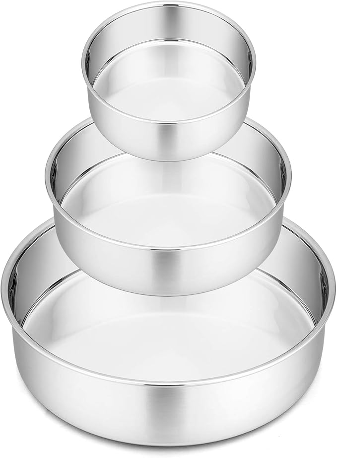 P&P CHEF Cake Pan Set of 3, 4" + 6" + 8" Round Baking Layer Cake Pan Tin | Stainless Steel & Mirror Finish, Bakeware for Birthday Weeding Anniversary, Heavy Duty & Non Toxic, Oven & Dishwasher Safe by PPCHEF
