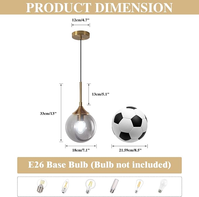 KCO Lighting Modern Small Gold 7.1” Smoke Gray Glass Globe Pendant Light | E26 Adjustable Hanging Lamp for Sloped Ceilings, Mid Century Brass Ceiling Light Fixture for Kitchen Island Sink Dining Table - Image 2