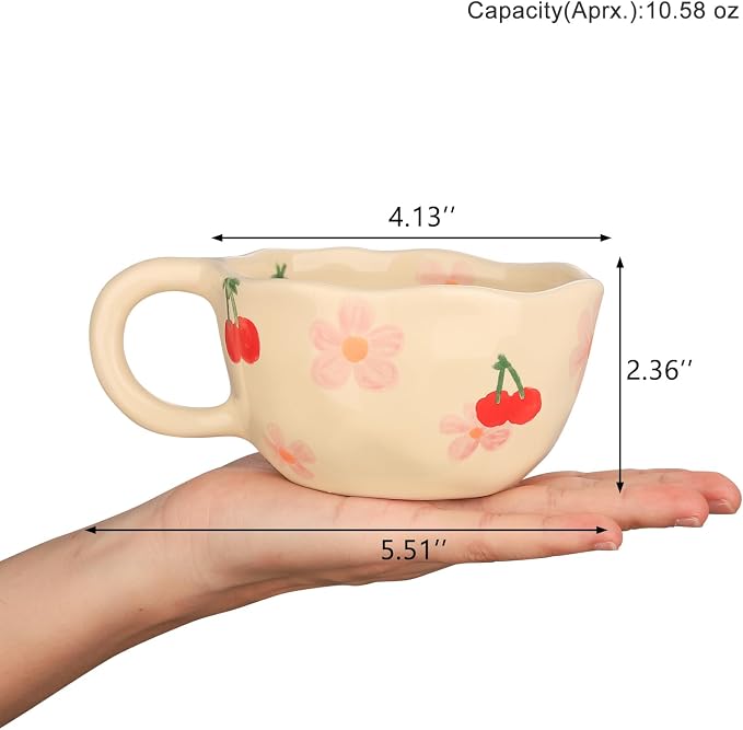VanEnjoy Ceramic Cup, Cute Coffee Mug, Strawberry Mug, Aesthetic Coffee Mug, Retro Flower Mug, Ceramic Tea, 10oz/300ml for Tea Coffee, Milk and Oatmeal - Image 2