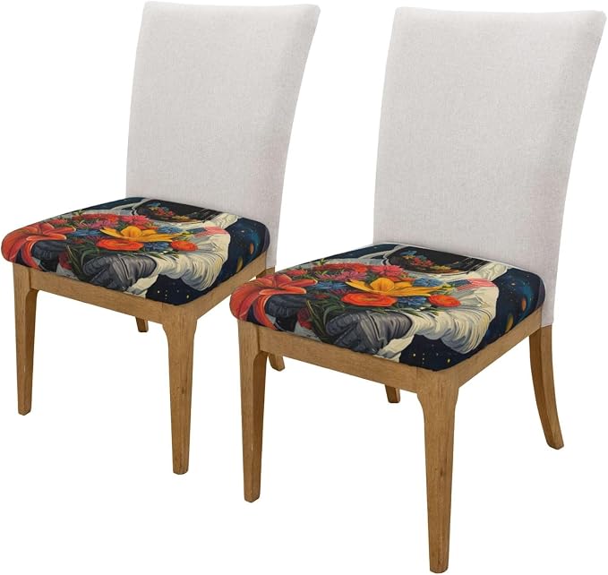 Astronaut with Flowers in Space Chair Seat Covers for Dining Room Stretch Chair Seat Covers Set of 2,The Flower Seller Chair Seat Protector Cushion Slipcovers for Kitchen Restaurant Office - Image 6