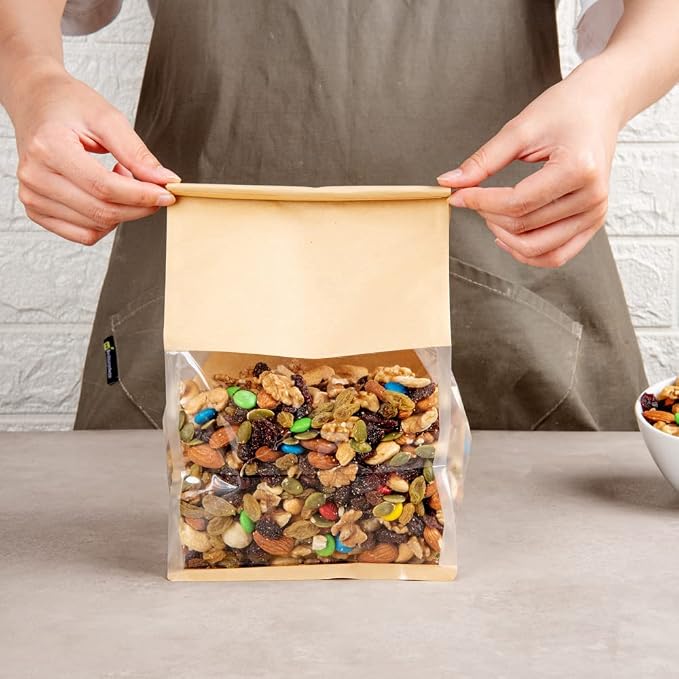 Restaurantware-Bag Tek 6.3 x 5.1 x 10.2 Inch Tin Tie Bags With Windows, 100 Resealable Bakery Bags With Windows - Flat Bottom, For Cookies or Coffee Beans, Kraft Cotton Paper Tin Tie Bags - Image 5