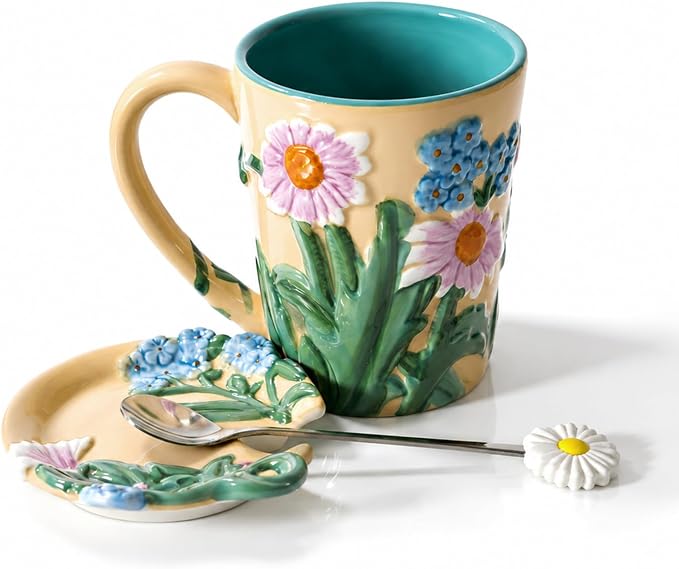 Ceramic Coffee Mug, 19 oz Large Floral Mug with Lid, Novelty Hand-Painted Mugs with Handle & Spoon, Dishwasher & Microwave Safe Cups for Coffee, Tea, Cocoa, Birthday Housewarming Wedding Gift - Beige by Unknown