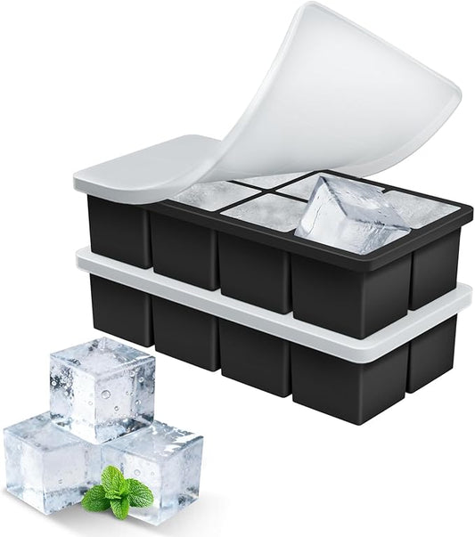 Large Ice Cube Molds, 2 Pack Easy Release Ice Trays for Freezer with Lid, Stackable Square Big Silicone Ice Cube Tray BPA Free Slow Melting for Bourbon Whiskey, Cocktails, Iced Coffee (Black)