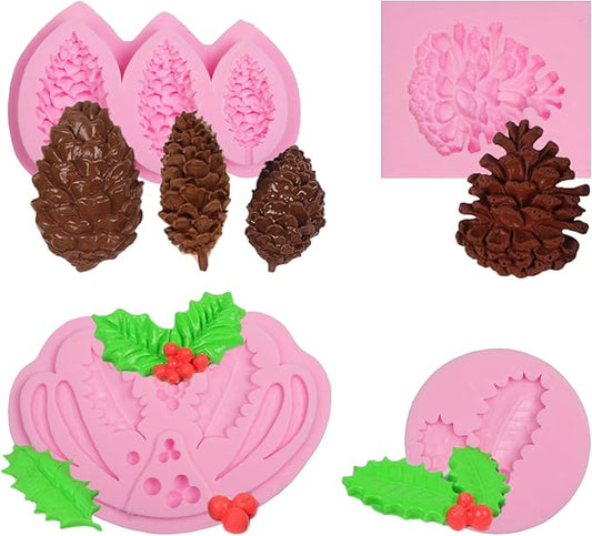 Christmas Holly Leaves Fondant Silicone Molds, Pinecone Chocolate Molds for Cake Decoration Cupcake Topper Candy Sugar Craft Gum Paste Resin