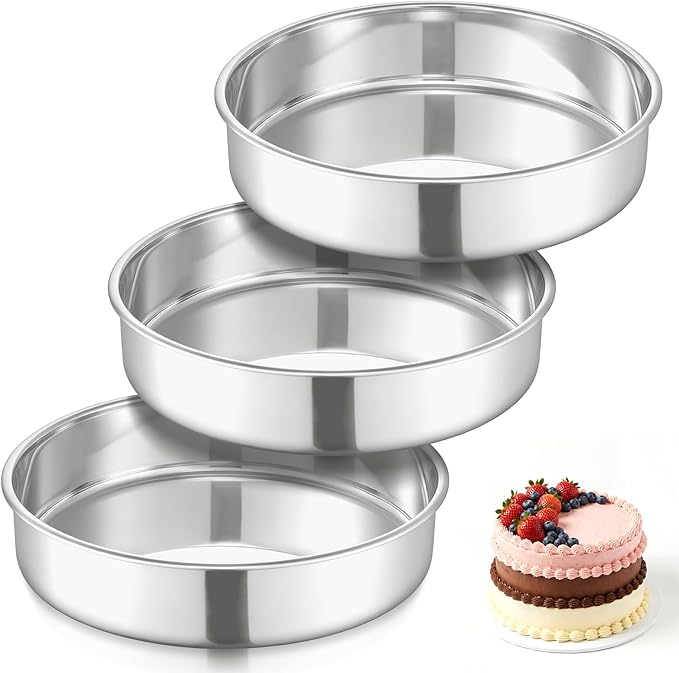 E-far 9 Inch Cake Pan Set of 3, Non-toxic Stainless Steel Round Cake Tins | Ideal for Birthday Wedding Layer Cake, Healthy, Mirror Finish, Dishwasher Safe by E-far