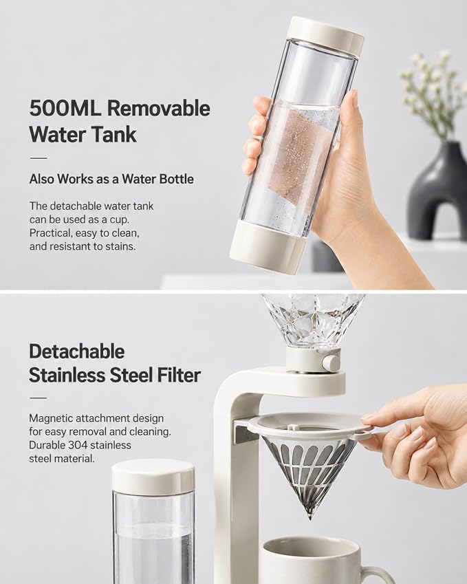 Coffee Alarm Clock Maker Bedside Dual Mode Extractor 500ml Glass Water Tank | Removable Filter Hot Water Dispenser Brewer Timer Brewed Delay Drip Pot Tea Filter Paper Ceramic Cup - Image 5