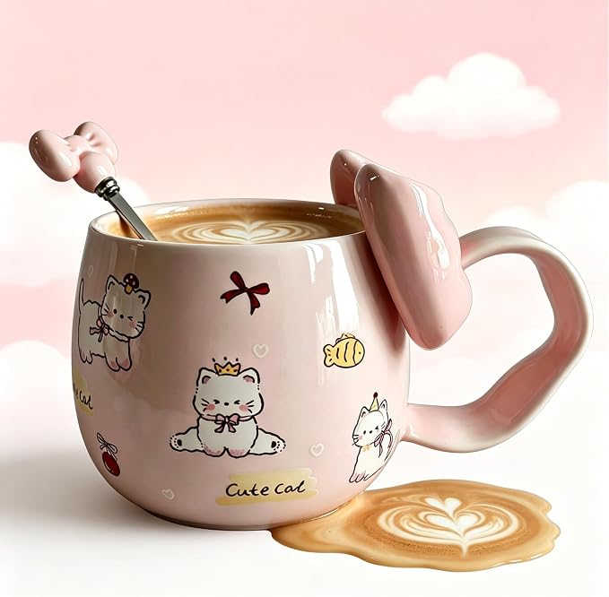 DTIUYIOP-Cute Pink Cat Ceramic Coffee Mug with 3D Bow & Bow Spoon, Kawaii Kitty Animal Tea Cup, Large Curved Handle Milk Cup, Lovely Gift for Girls Women Birthday Christmas - Image 2