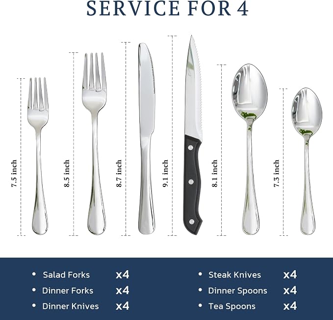 Astercook Silverware Set with Steak Knives 24-Piece Flatware Set for 4 Food-Grade Stainless Steel Cutlery Set Mirror Polished Utensils Set Include Spoons and Forks for Home Kitchen Restaurant - Image 6