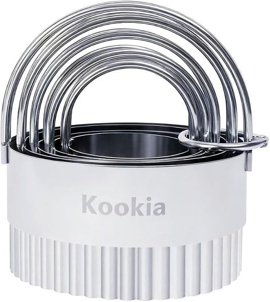 Stainless Steel Biscuit Cutters Set for Baking (5 Pieces) | Fluted Round Cookie Cutters with Handle | Professional Baking Dough Tools by KookiaHome
