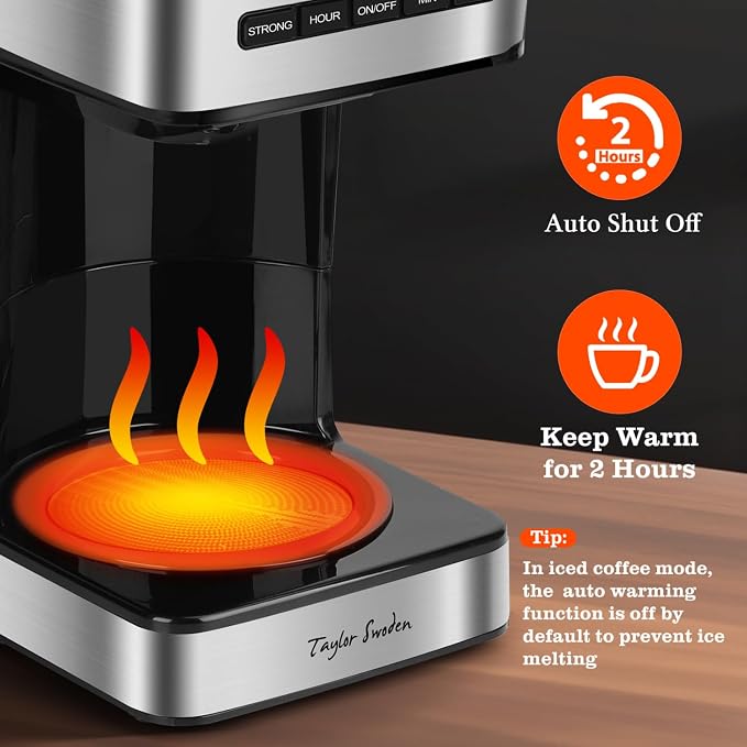 Taylor Swoden Programmable Coffee Maker 12 Cup, Black & Stainless Steel | Hot and Iced Coffee Maker, 4 Brew Strength, LED Display, 24H Timer, Keep Warm&Auto Shutoff- Drip Coffee Machine for Home - Image 4