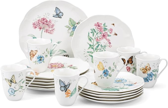 Lenox Dinnerware Set, Butterfly Meadow 18-Piece Set, Service For 6, White Porcelain, Butterfly And Flower Designs, Plates And Bowls Sets, Dishwasher Safe, Home & Kitchen (Assorted, 18 Pieces) by Lenox