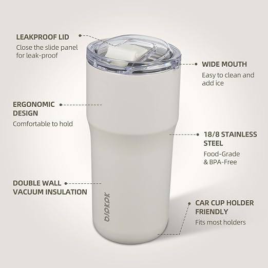BJPKPK 20oz Spill Proof Coffee Tumbler, Insulated Stainless Steel Cup | Double Wall Vacuum, Leakproof Lid, Keeps Hot/Cold/Iced, BPA Free, Dishwasher Safe, Cupholder, Travel, White - Image 2