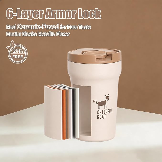CHEERFUL GOAT Ceramic Lined Coffee Mug – Stainless Steel Travel insulated Tumbler with Ceramic Liner, with lid 12oz Leak Proof Cup for Hot and Cold Water Coffee at Home, Office, or In the Car (Coffee) - Image 8